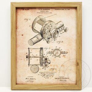 Fishing Rod Reel Rustic Fisherman Patent Art Print Decor 8x10" Natural Framed